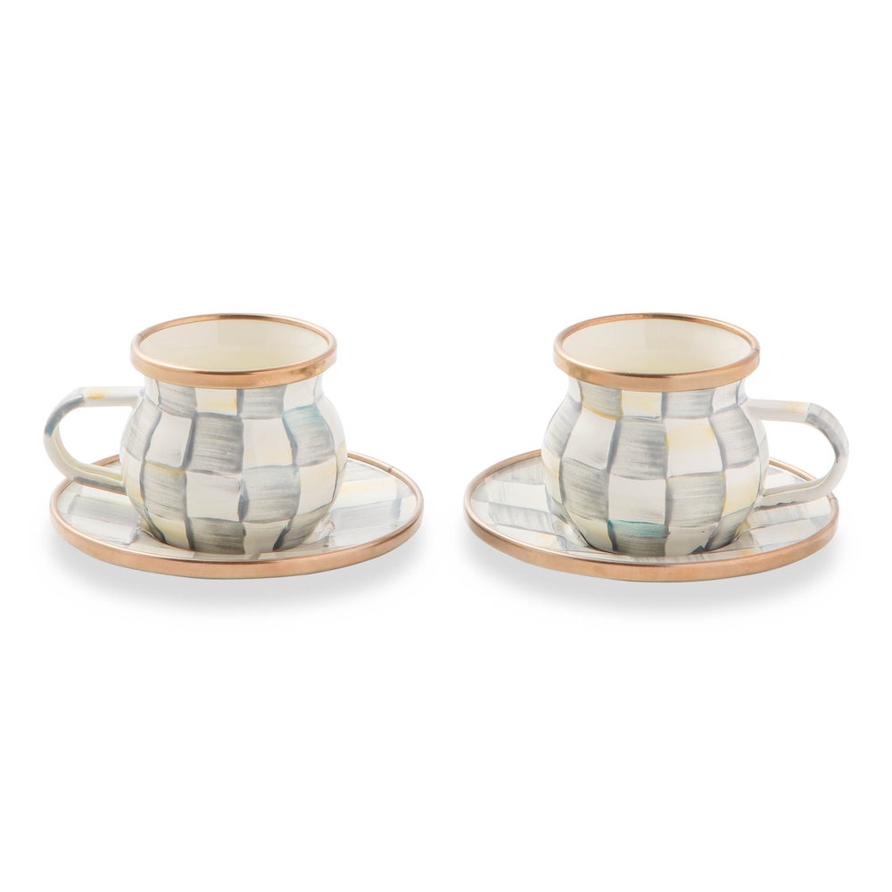 Sterling Check Enamel Espresso Cup & Saucer Pair (Mackenzie Childs)