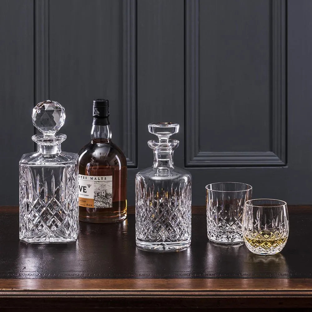 Solid Oak Club Tray Inc. Crystal Square Spirit Decanter & 4 Large Crystal Tumblers - London (Royal Scot Crystal) (Copy)
