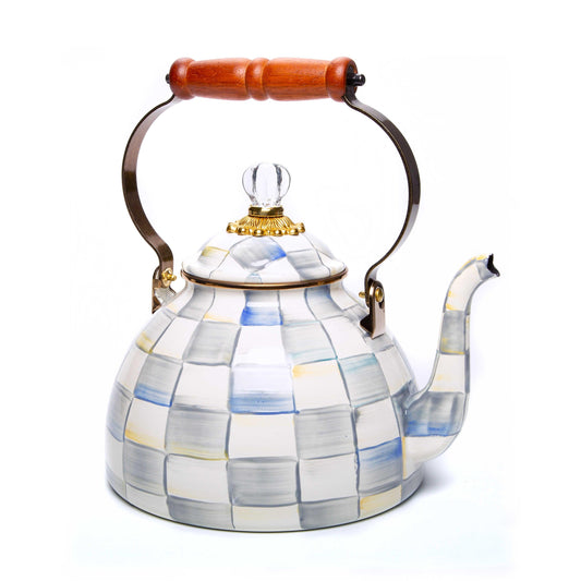Sterling Check Enamel Tea Kettle - 3 Quart (Mackenzie Childs) - Gallery Gifts Online 