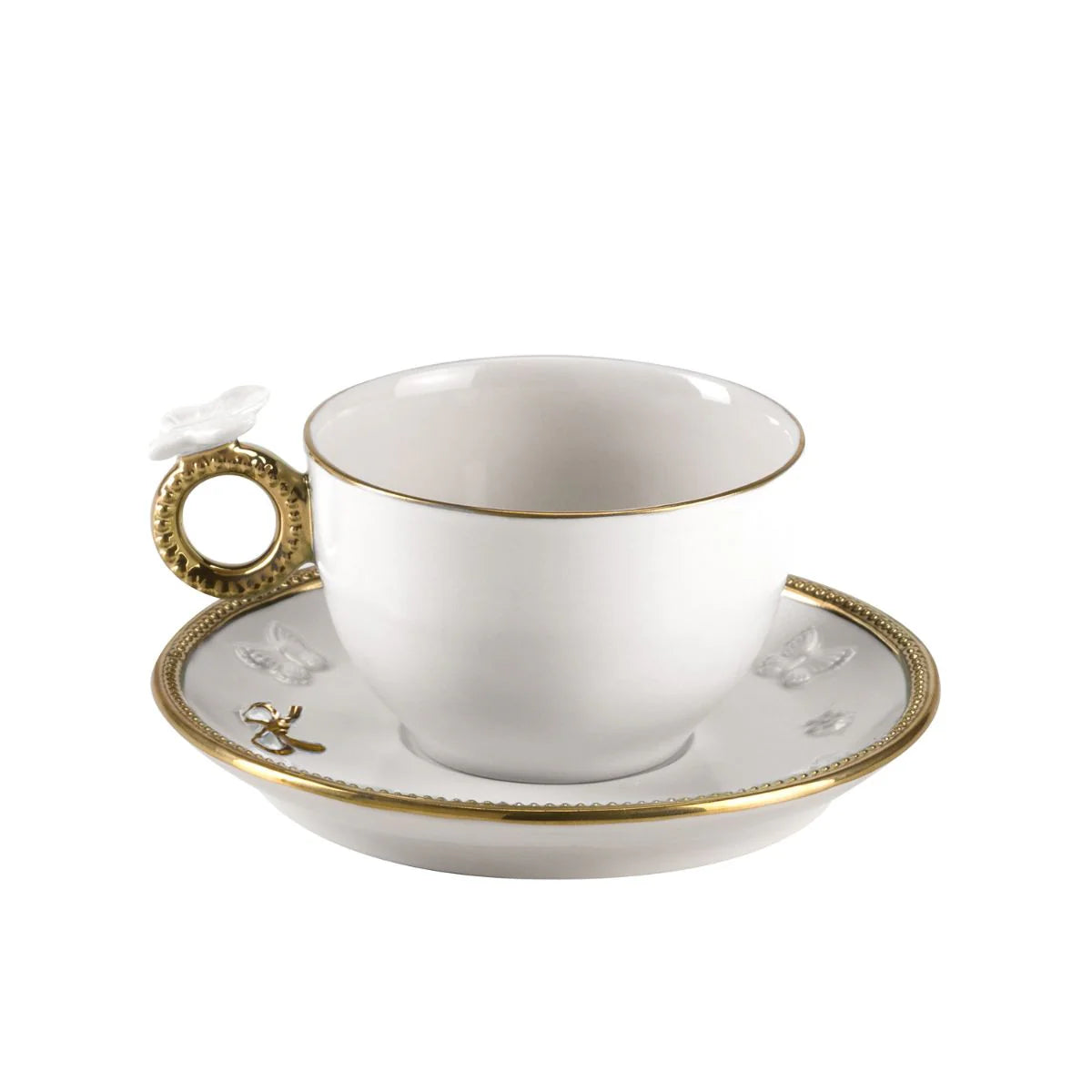 Butterfly White & Gold Tea Cup & Saucer (Villari)