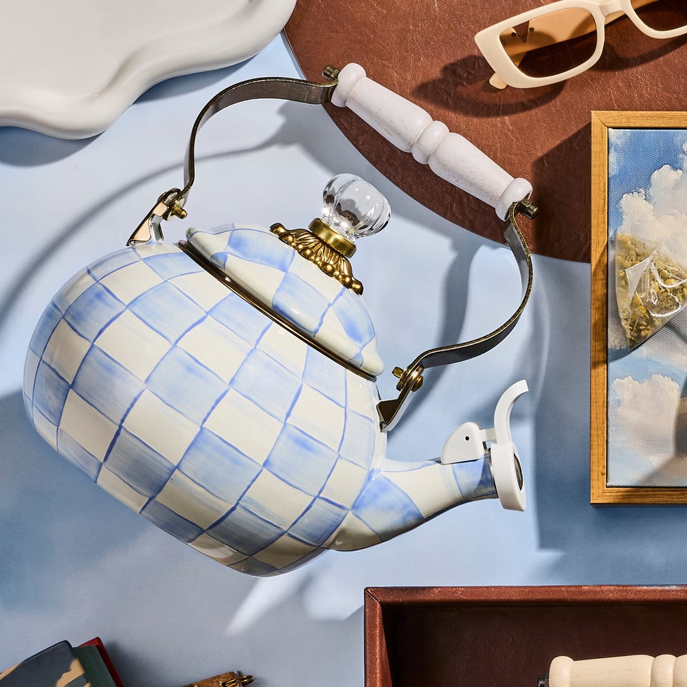 Sky Blue Check Whistling Tea Kettle (Mackenzie Childs) - PRE ORDER