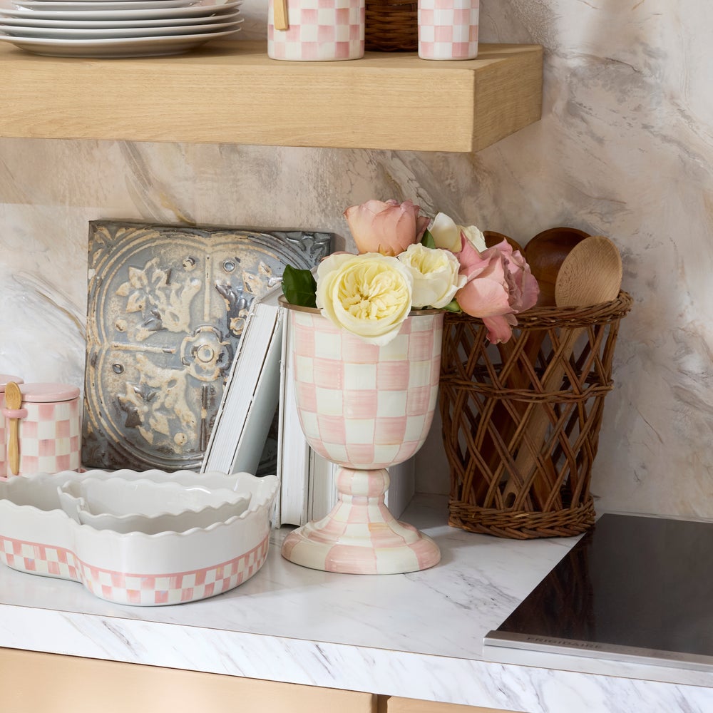 Rosy Check Pedestal Vase (Mackenzie Childs)