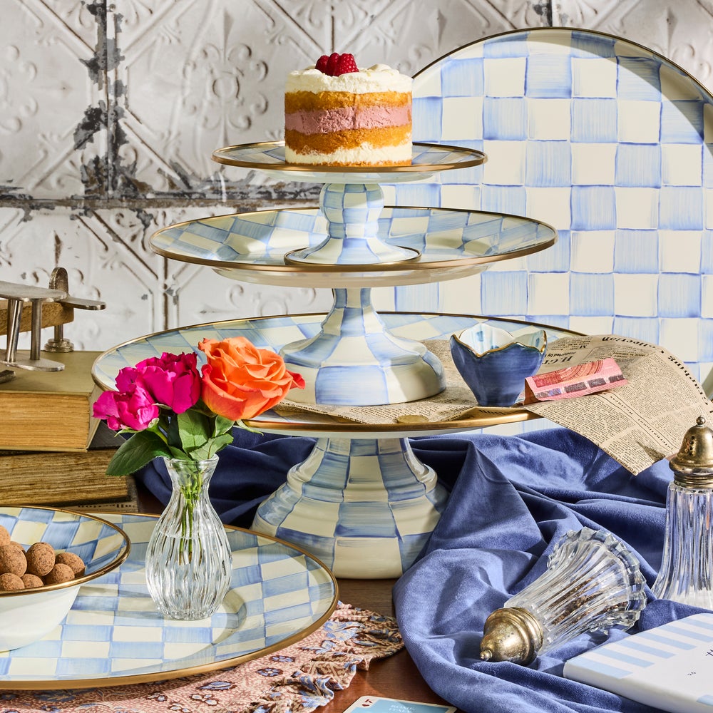 Sky Blue Check Large Pedestal Platter (Mackenzie Childs)