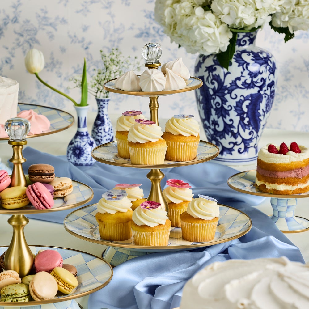 Sky Blue Check Three Tier Sweet Stand (Mackenzie Childs)
