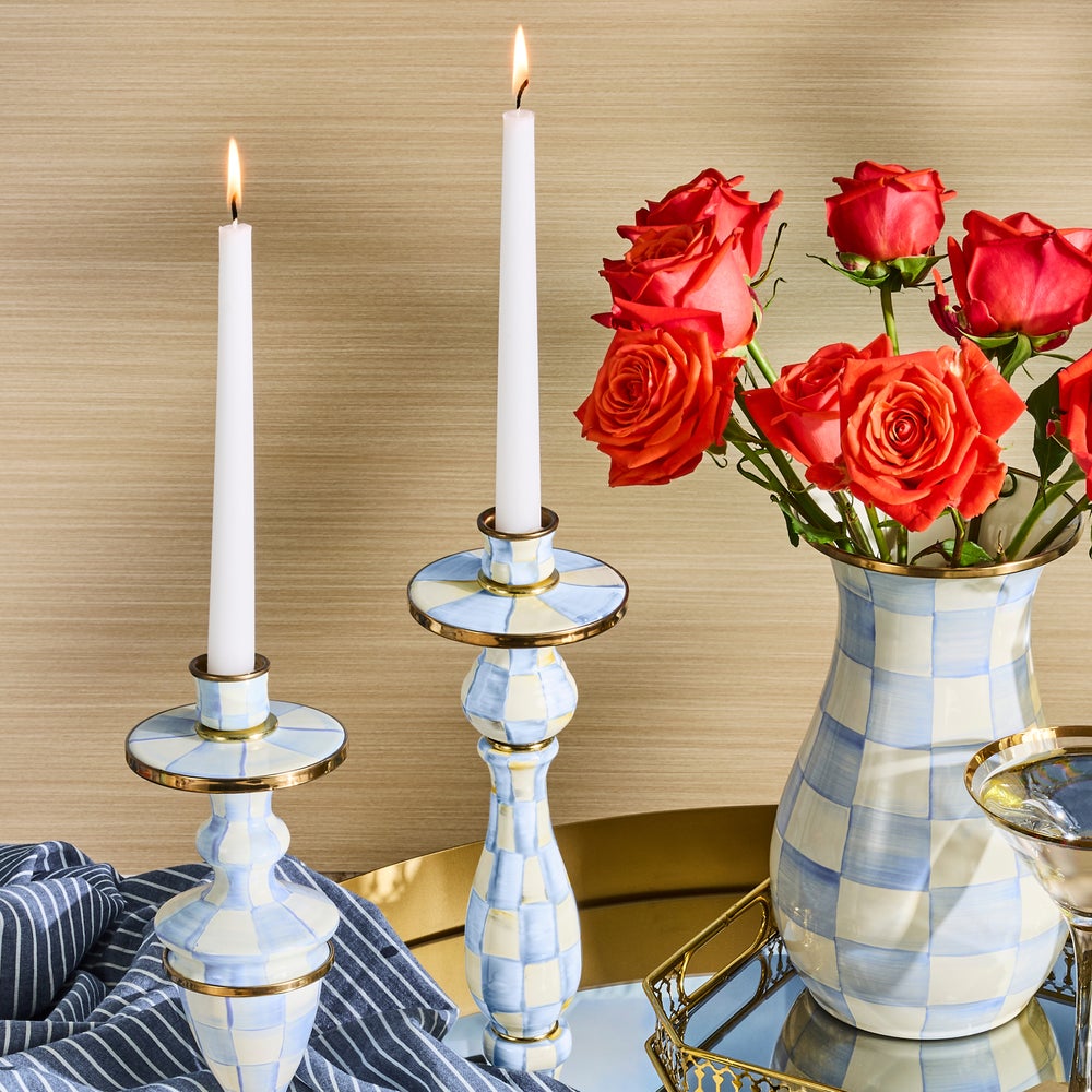 Sky Blue Check Large Candlestick (Mackenzie Childs) - PRE ORDER