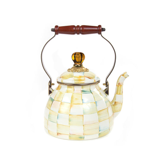 Parchment Check Enamel Tea Kettle - 1.8L (Mackenzie Childs) - Gallery Gifts Online 