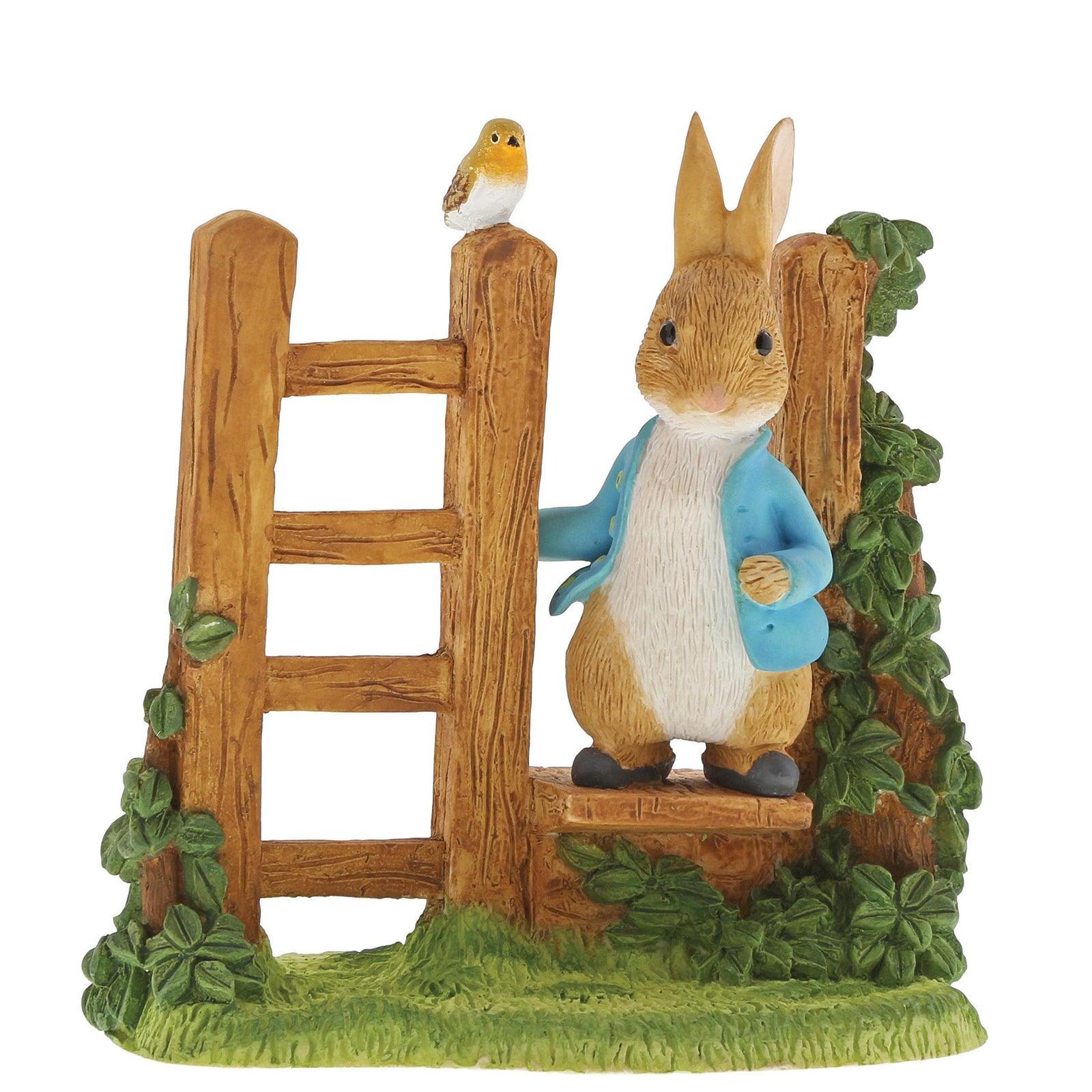 Peter Rabbit on Wooden Stile Figurine (Beatrix Potter) - Gallery Gifts Online 